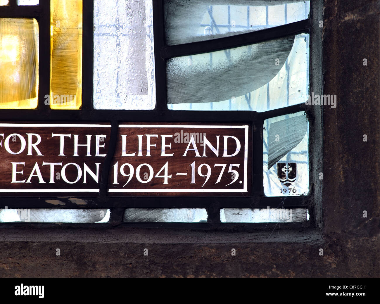 Maker`s mark in corner of stained glass window, St. Dionysius Church